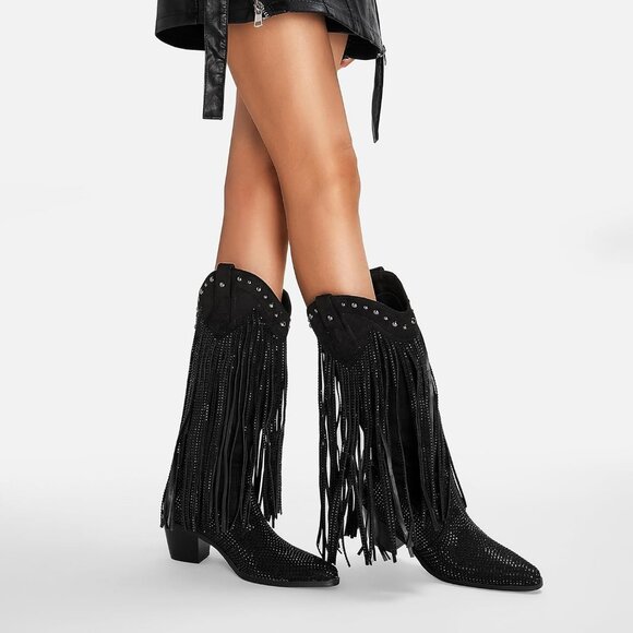 Black Rhinestone Fringe Cowgirl Boots Women Sparkly Western Pointed Toe Heel - Picture 6 of 7